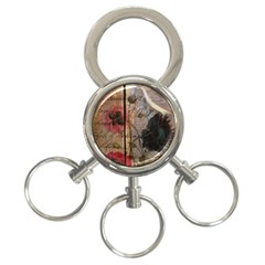 Vintage Bird Poppy Flower Botanical Art 3-ring Key Chain