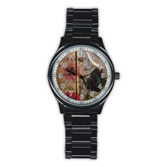 Vintage Bird Poppy Flower Botanical Art Sport Metal Watch (black) by chicelegantboutique