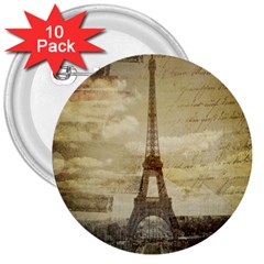 Elegant Vintage Paris Eiffel Tower Art 3  Button (10 Pack) by chicelegantboutique