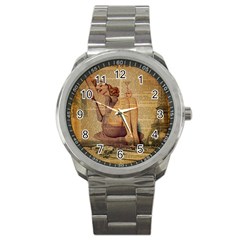 Vintage Newspaper Print Pin Up Girl Paris Eiffel Tower Sport Metal Watch by chicelegantboutique