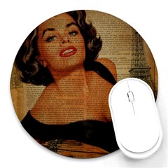 Vintage Newspaper Print Pin Up Girl Paris Eiffel Tower 8  Mouse Pad (round) by chicelegantboutique