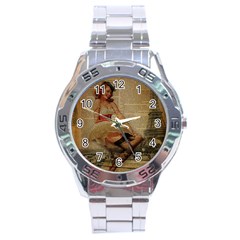 Cute Sweet Sailor Dress Vintage Newspaper Print Sexy Hot Gil Elvgren Pin Up Girl Paris Eiffel Tower Stainless Steel Watch (men s) by chicelegantboutique