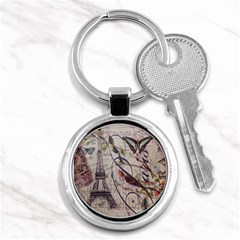 Paris Eiffel Tower Vintage Bird Butterfly French Botanical Art Key Chain (round) by chicelegantboutique