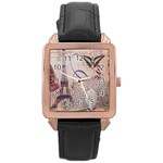 White Peacock Paris Eiffel Tower Vintage Bird Butterfly French Botanical Art Rose Gold Leather Watch  Front