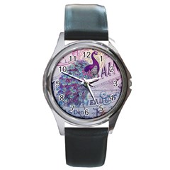 French Scripts  Purple Peacock Floral Paris Decor Round Metal Watch (silver Rim) by chicelegantboutique