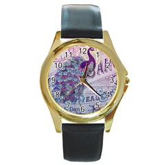 French Scripts  Purple Peacock Floral Paris Decor Round Metal Watch (gold Rim)  by chicelegantboutique