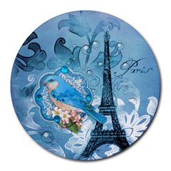 Girly Blue Bird Vintage Damask Floral Paris Eiffel Tower 8  Mouse Pad (round) by chicelegantboutique