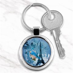 Girly Blue Bird Vintage Damask Floral Paris Eiffel Tower Key Chain (round) by chicelegantboutique