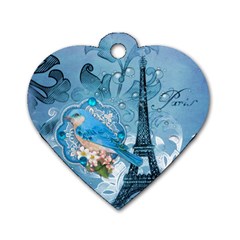 Girly Blue Bird Vintage Damask Floral Paris Eiffel Tower Dog Tag Heart (two Sided) by chicelegantboutique