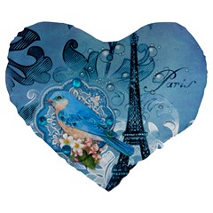 Girly Blue Bird Vintage Damask Floral Paris Eiffel Tower 19  Premium Heart Shape Cushion by chicelegantboutique