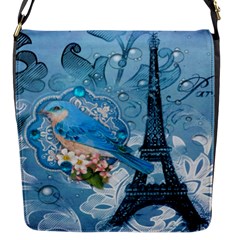 Girly Blue Bird Vintage Damask Floral Paris Eiffel Tower Flap Closure Messenger Bag (small)