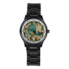 Victorian Girly Blue Bird Vintage Damask Floral Paris Eiffel Tower Sport Metal Watch (black) by chicelegantboutique