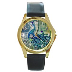 French Scripts Vintage Peacock Floral Paris Decor Round Metal Watch (gold Rim)  by chicelegantboutique