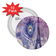 Peacock Feather White Rose Paris Eiffel Tower 2 25  Button (10 Pack) by chicelegantboutique