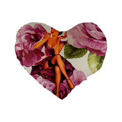 Cute Purple Dress Pin Up Girl Pink Rose Floral Art 16  Premium Heart Shape Cushion 