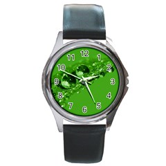 Green Drops Round Metal Watch (silver Rim)