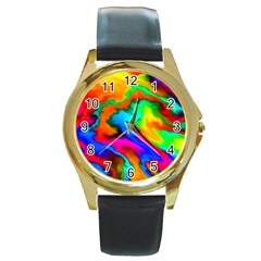 Crazy Effects  Round Leather Watch (gold Rim)  by ImpressiveMoments