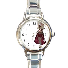 Steampunk Style Girl Wearing Red Dress Round Italian Charm Watch by goldenjackal