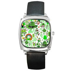 St Patrick s Day Collage Square Leather Watch