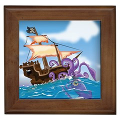 Pirate Ship Attacked By Giant Squid Cartoon Framed Ceramic Tile