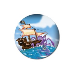 Pirate Ship Attacked By Giant Squid Cartoon Magnet 3  (round)