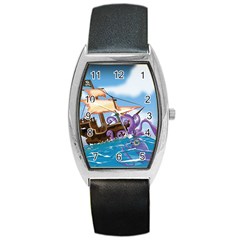 Pirate Ship Attacked By Giant Squid Cartoon Tonneau Leather Watch