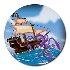 Pirate Ship Attacked By Giant Squid Cartoon  8  Mouse Pad (round) by NickGreenaway