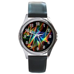 Aurora Ribbons, Abstract Rainbow Veils  Round Leather Watch (silver Rim) by DianeClancy