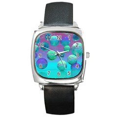 Ocean Dreams, Abstract Aqua Violet Ocean Fantasy Square Leather Watch by DianeClancy