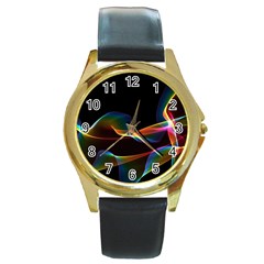 Fluted Cosmic Rafluted Cosmic Rainbow, Abstract Winds Round Leather Watch (gold Rim) 