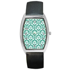 White On Emerald Green Damask Tonneau Leather Watch by Zandiepants