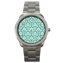 White On Emerald Green Damask Sport Metal Watch by Zandiepants