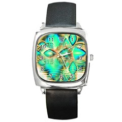 Golden Teal Peacock, Abstract Copper Crystal Square Leather Watch by DianeClancy