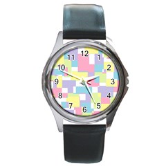 Mod Pastel Geometric Round Leather Watch (silver Rim)