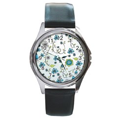 Blue Whimsical Flowers  On Blue Round Leather Watch (silver Rim) by Zandiepants