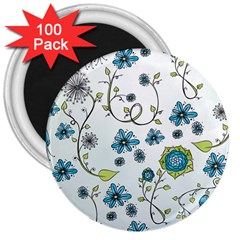 Blue Whimsical Flowers  On Blue 3  Button Magnet (100 Pack)