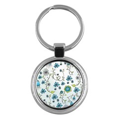 Blue Whimsical Flowers  On Blue Key Chain (round) by Zandiepants