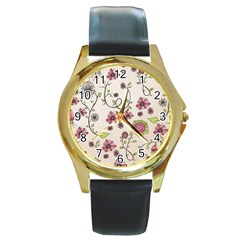 Pink Whimsical Flowers On Beige Round Leather Watch (gold Rim) 