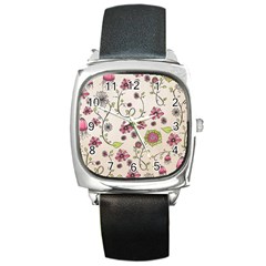 Pink Whimsical Flowers On Beige Square Leather Watch by Zandiepants