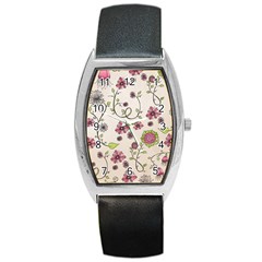 Pink Whimsical Flowers On Beige Tonneau Leather Watch by Zandiepants