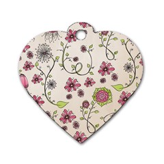 Pink Whimsical Flowers On Beige Dog Tag Heart (one Sided)  by Zandiepants