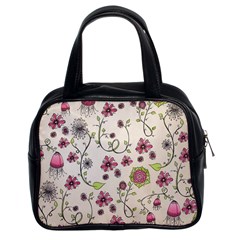 Pink Whimsical Flowers On Beige Classic Handbag (two Sides) by Zandiepants