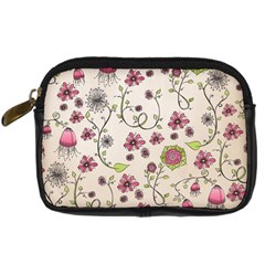 Pink Whimsical Flowers On Beige Digital Camera Leather Case by Zandiepants