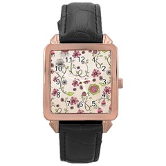 Pink Whimsical Flowers On Beige Rose Gold Leather Watch 