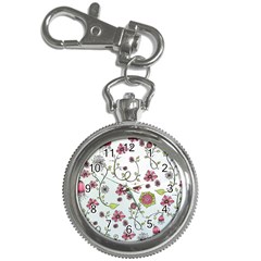 Pink Whimsical Flowers On Blue Key Chain Watch