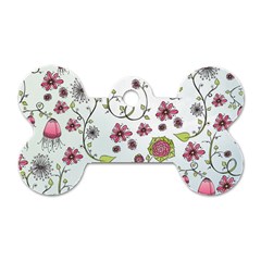 Pink Whimsical Flowers On Blue Dog Tag Bone (two Sided) by Zandiepants