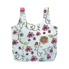 Pink Whimsical Flowers On Blue Reusable Bag (m) by Zandiepants