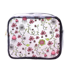 Pink Whimsical Flowers On Pink Mini Travel Toiletry Bag (one Side) by Zandiepants