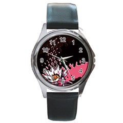 Flower Round Leather Watch (silver Rim)