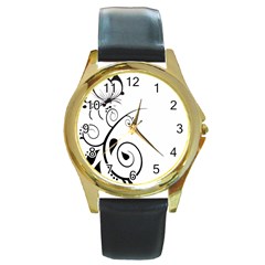 Floral Butterfly Design Round Leather Watch (gold Rim) 